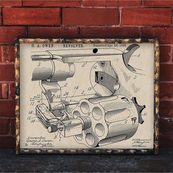 1898 G. A. Owen Revolver Patent Firearm Art 16x20 Vintage Gun Print on Parchment - Picture 1 of 7